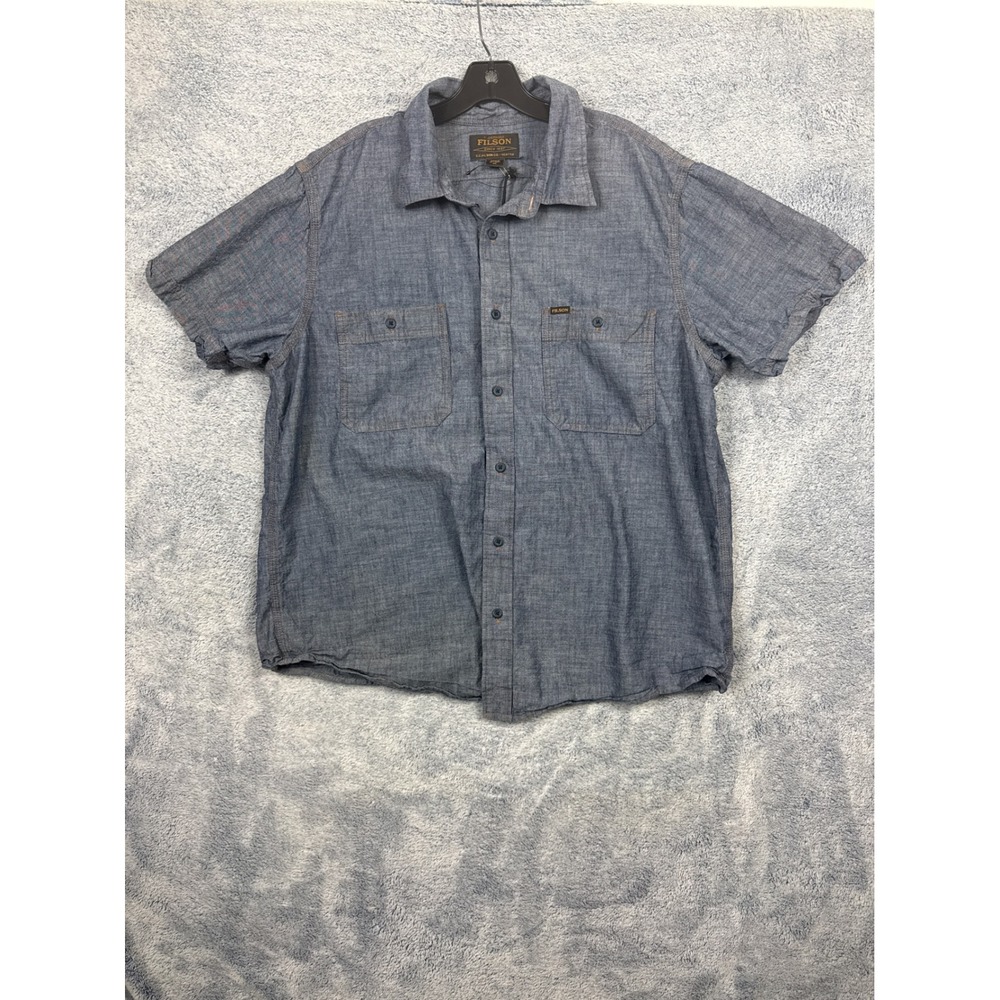 Filson Men XL Blue Button Down Short Sleeve Chambray Utility Work Shirt Heritage